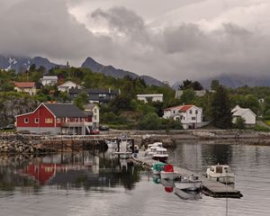 Preview wallpaper mountains, village, houses, pier, boats, nature