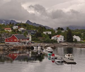 Preview wallpaper mountains, village, houses, pier, boats, nature