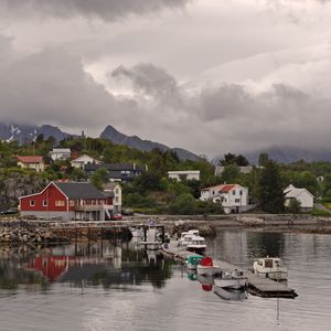 Preview wallpaper mountains, village, houses, pier, boats, nature