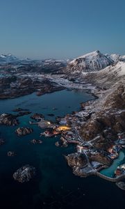 Preview wallpaper mountains, village, lake, snow, norway