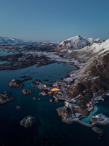 Preview wallpaper mountains, village, lake, snow, norway