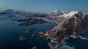 Preview wallpaper mountains, village, lake, snow, norway