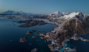 Preview wallpaper mountains, village, lake, snow, norway