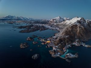 Preview wallpaper mountains, village, lake, snow, norway