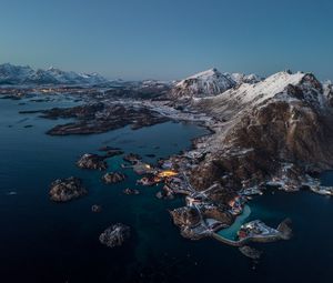 Preview wallpaper mountains, village, lake, snow, norway