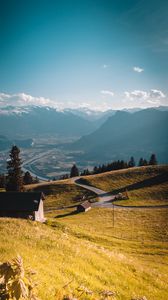 Preview wallpaper mountains, village, landscape, buildings, road