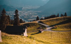 Preview wallpaper mountains, village, landscape, buildings, road