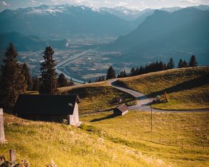 Preview wallpaper mountains, village, landscape, buildings, road