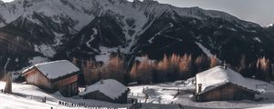 Preview wallpaper mountains, village, winter, snow, path