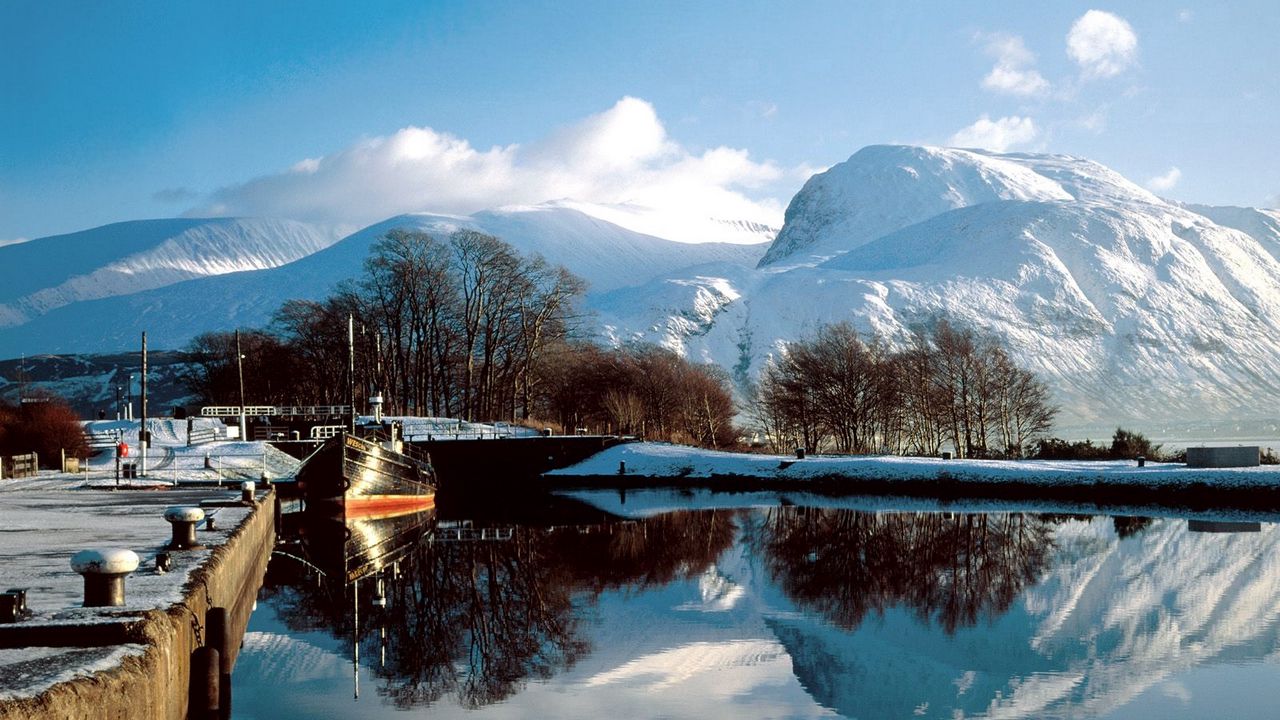 Wallpaper mountains, water, boat, mooring, bridge, snow, scotland