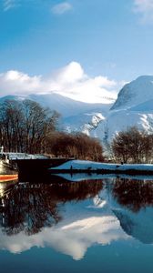 Preview wallpaper mountains, water, boat, mooring, bridge, snow, scotland