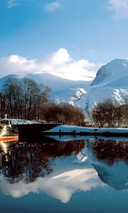 Preview wallpaper mountains, water, boat, mooring, bridge, snow, scotland
