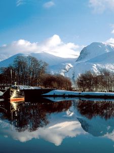 Preview wallpaper mountains, water, boat, mooring, bridge, snow, scotland