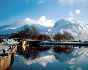 Preview wallpaper mountains, water, boat, mooring, bridge, snow, scotland