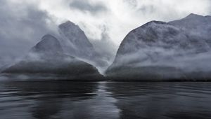 Preview wallpaper mountains, water, fog, haze, nature, landscape