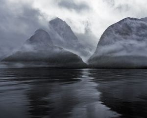 Preview wallpaper mountains, water, fog, haze, nature, landscape