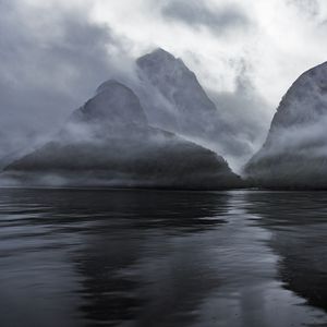 Preview wallpaper mountains, water, fog, haze, nature, landscape