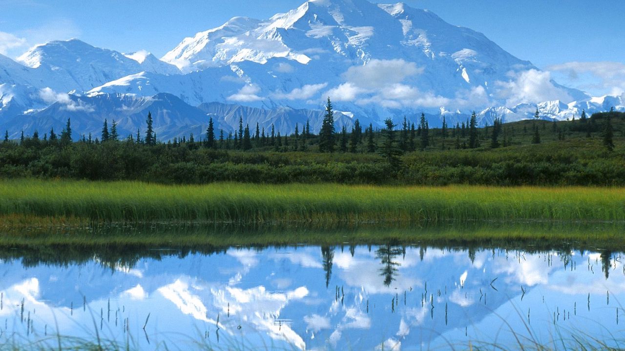 Wallpaper mountains, water, reflection, green, blue