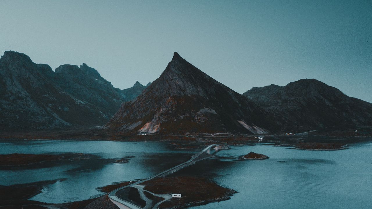 Wallpaper mountains, water, road, bridge, gloom