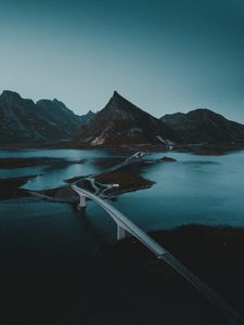 Preview wallpaper mountains, water, road, bridge, gloom