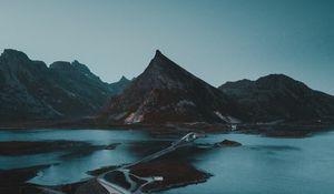 Preview wallpaper mountains, water, road, bridge, gloom