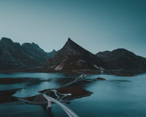 Preview wallpaper mountains, water, road, bridge, gloom