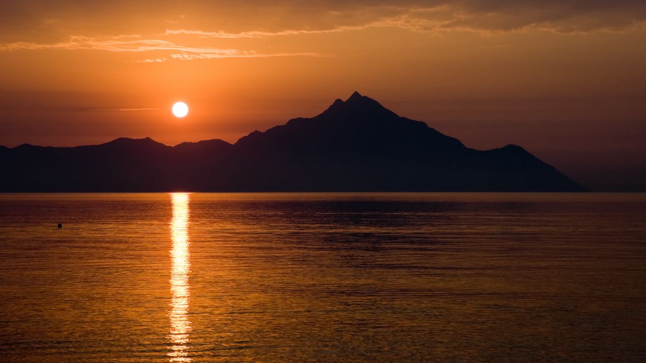 Wallpaper mountains, water, sun, sunset, dark