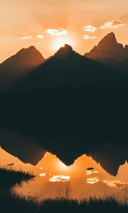 Preview wallpaper mountains, water, sunset, reflection, sunlight, sky
