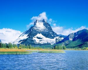 Preview wallpaper mountains, water, tops, snow, day