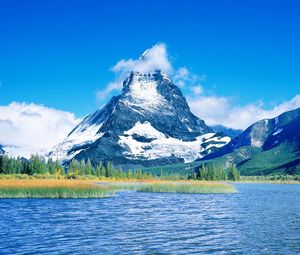 Preview wallpaper mountains, water, tops, snow, day