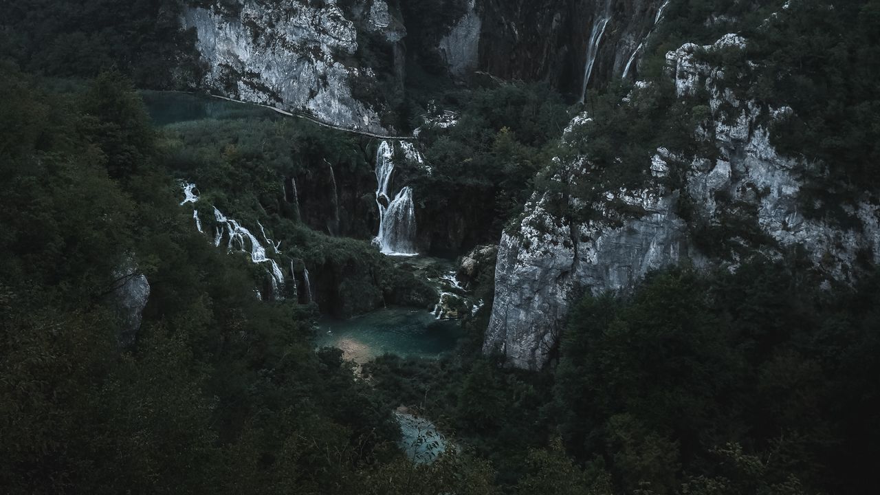 Wallpaper mountains, waterfall, aerial view, nature, landscape