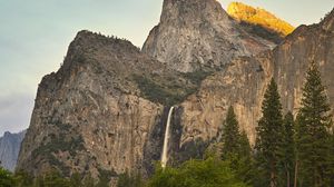 Preview wallpaper mountains, waterfall, rock, landscape, trees