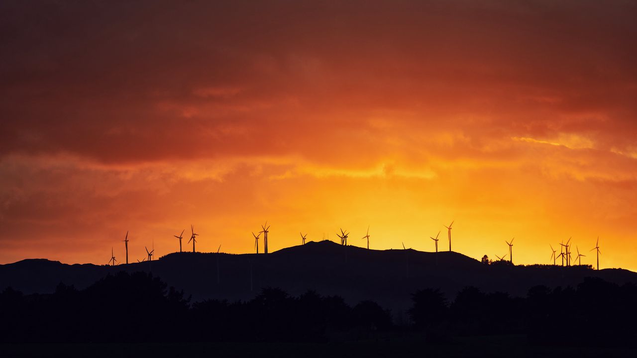 Wallpaper mountains, windmills, silhouette, sunset, sky