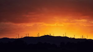 Preview wallpaper mountains, windmills, silhouette, sunset, sky