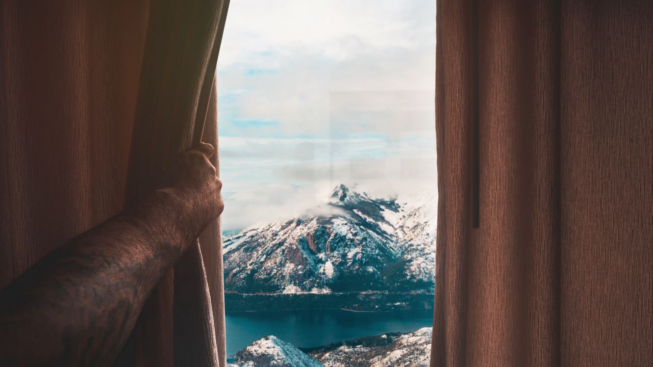 Wallpaper mountains, window, curtain, view