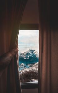 Preview wallpaper mountains, window, curtain, view