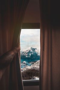 Preview wallpaper mountains, window, curtain, view