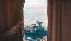 Preview wallpaper mountains, window, curtain, view