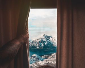 Preview wallpaper mountains, window, curtain, view