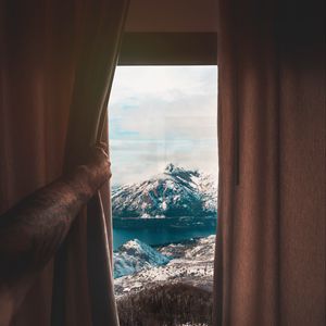 Preview wallpaper mountains, window, curtain, view