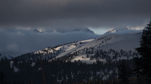 Preview wallpaper mountains, winter, clouds, sky, snow, trees