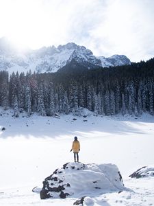 Preview wallpaper mountains, winter, man, travel