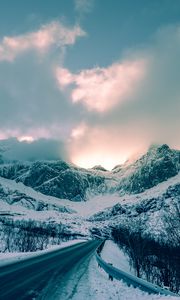 Preview wallpaper mountains, winter, road, snow, clouds, norway