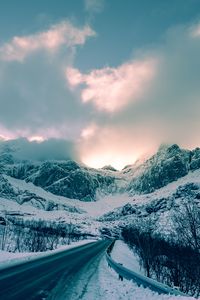 Preview wallpaper mountains, winter, road, snow, clouds, norway