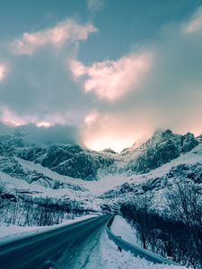 Preview wallpaper mountains, winter, road, snow, clouds, norway