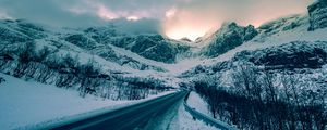 Preview wallpaper mountains, winter, road, snow, clouds, norway
