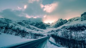 Preview wallpaper mountains, winter, road, snow, clouds, norway