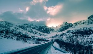 Preview wallpaper mountains, winter, road, snow, clouds, norway