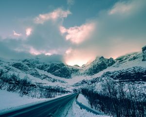 Preview wallpaper mountains, winter, road, snow, clouds, norway