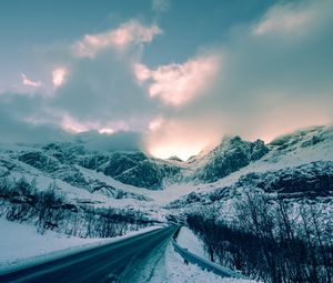 Preview wallpaper mountains, winter, road, snow, clouds, norway